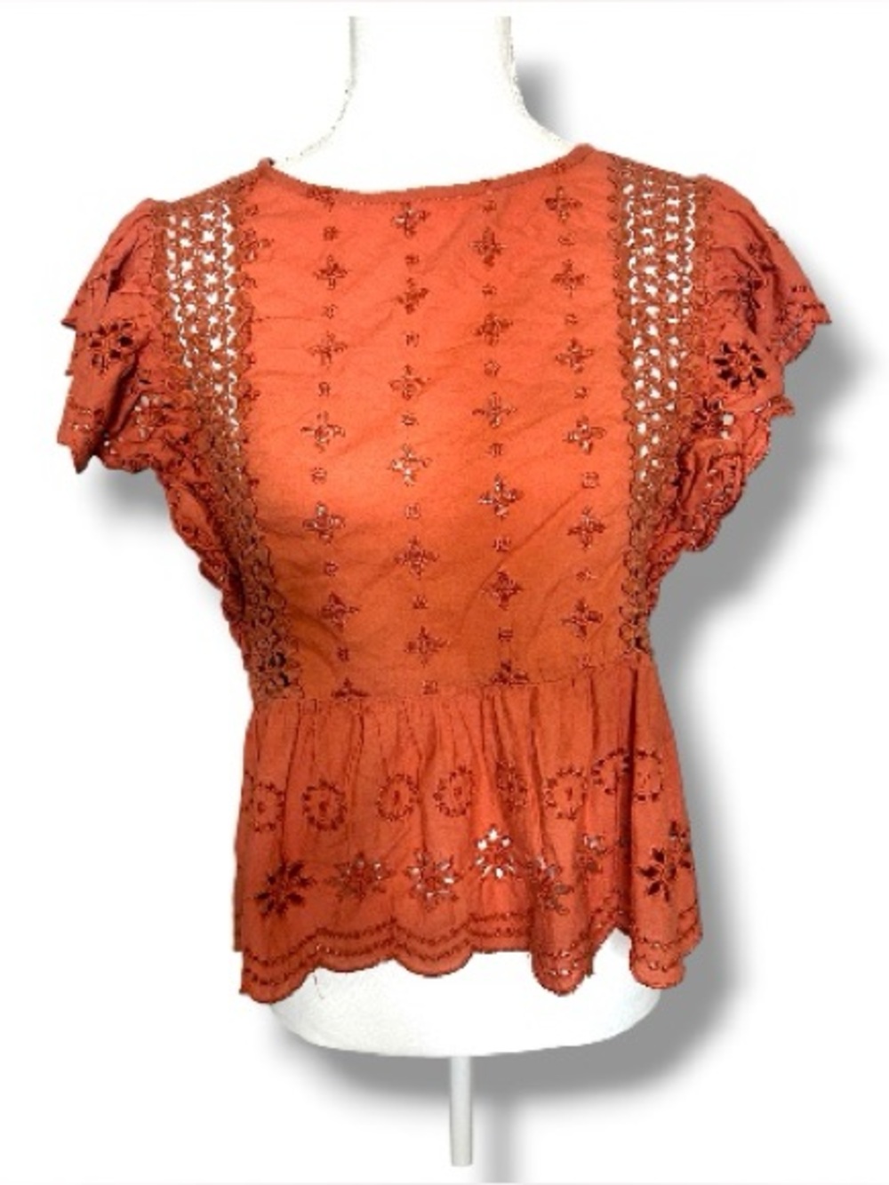 Jennifer & Grace Rust Eyelet Embroidered Ruffle Peplum Top Size S Cotton Boho